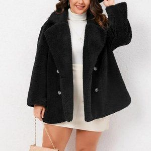 Plus Size Double Breasted Teddy Coat Jacket fall winter black